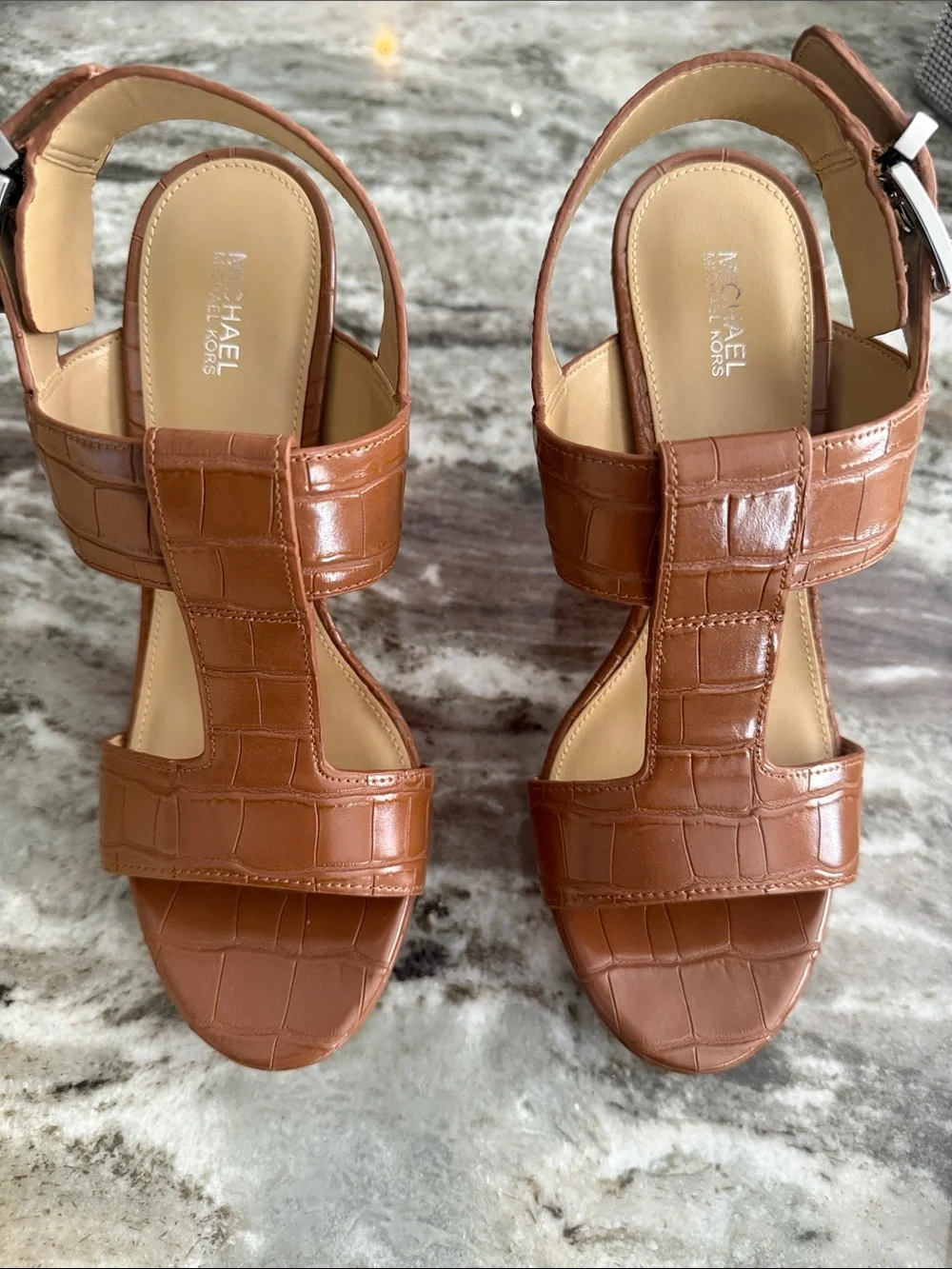 Michael Kors Croc-Embossed Tan Block Heel Sandals brand new in box